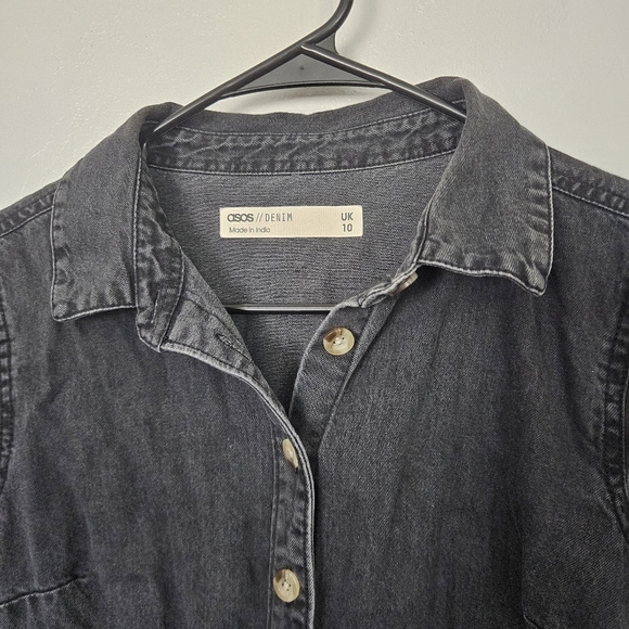 Asos Women's 6 Black Denim Button-Up Dress Short Sleeve Knee Length Midi Jean - Picture 4 of 8